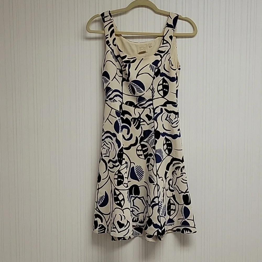 Vanessa Virginia Anthropologie women's sleeveless cream black blue dress sz 0 - Picture 1 of 6